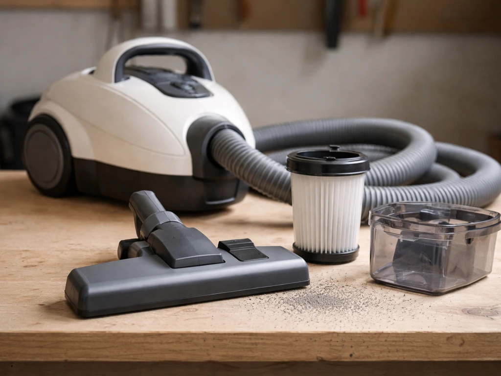 Close-up of a canister vacuum hose and detachable floor nozzle with clear filtration components on a workbench.