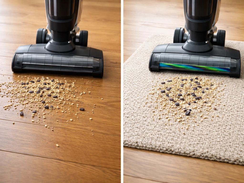 Vacuum brush roll off on hard floor vs brush roll on on carpet with scattered bird seed in a small test area