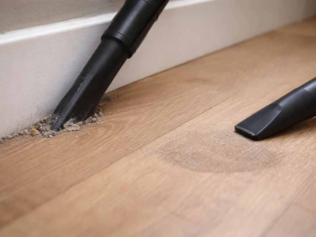 Crevice vacuum attachment cleaning a baseboard corner gap and an angled nozzle near a feeder pole footprint.