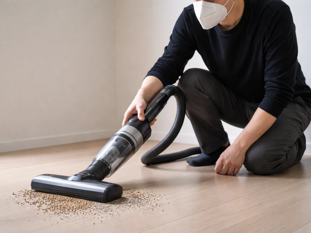 Person wearing an N95 respirator vacuuming a dry seed spill on a hard floor indoors