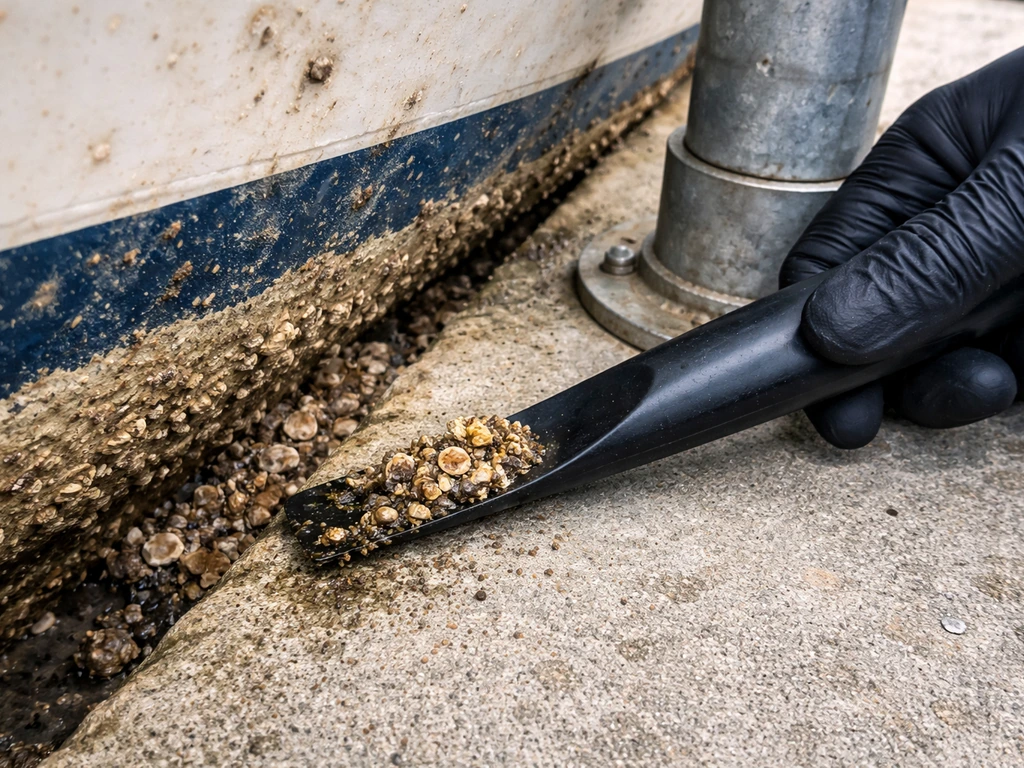 Gloved hand uses a crevice tool to pull hull debris from a narrow gap by a feeder pole base.