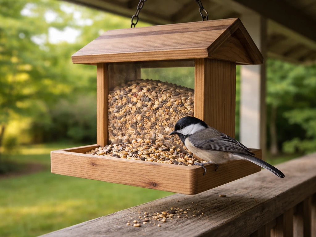 Close view of bird seed spilling from a backyard feeder while a small bird feeds nearby.