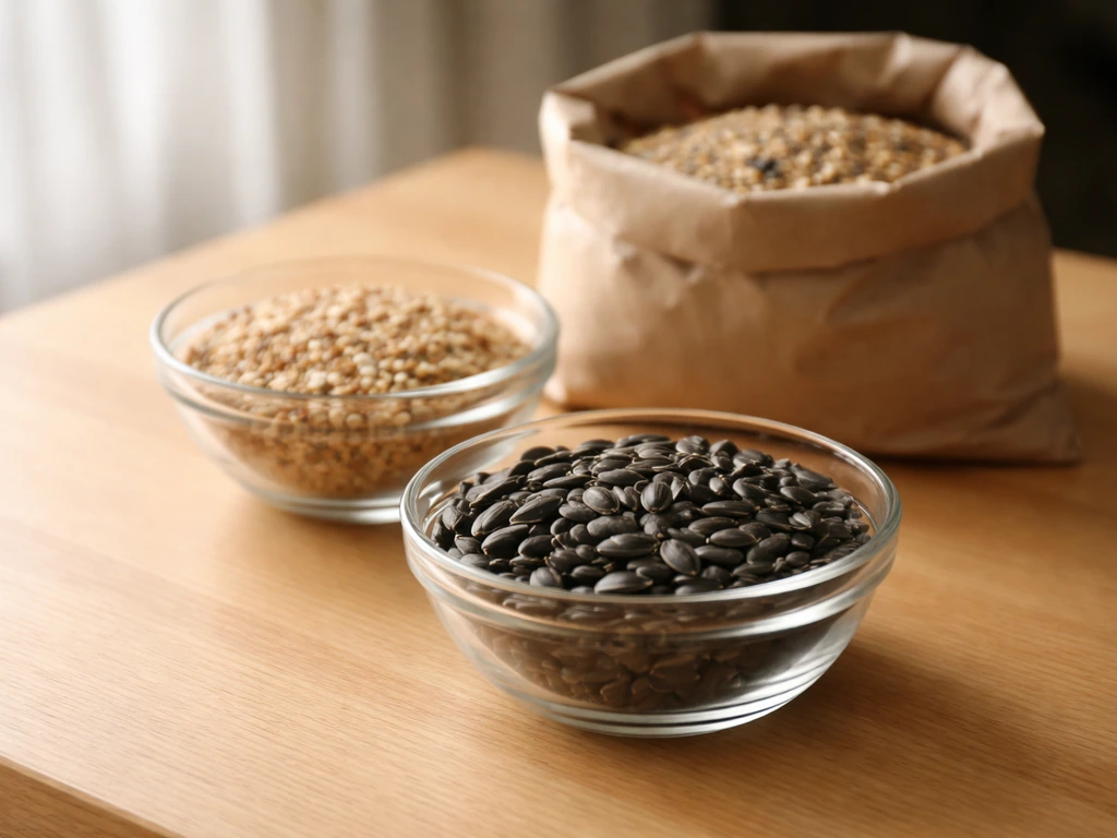 Black-oil sunflower seeds in a bowl with other seed types in nearby bowls on a simple wooden table