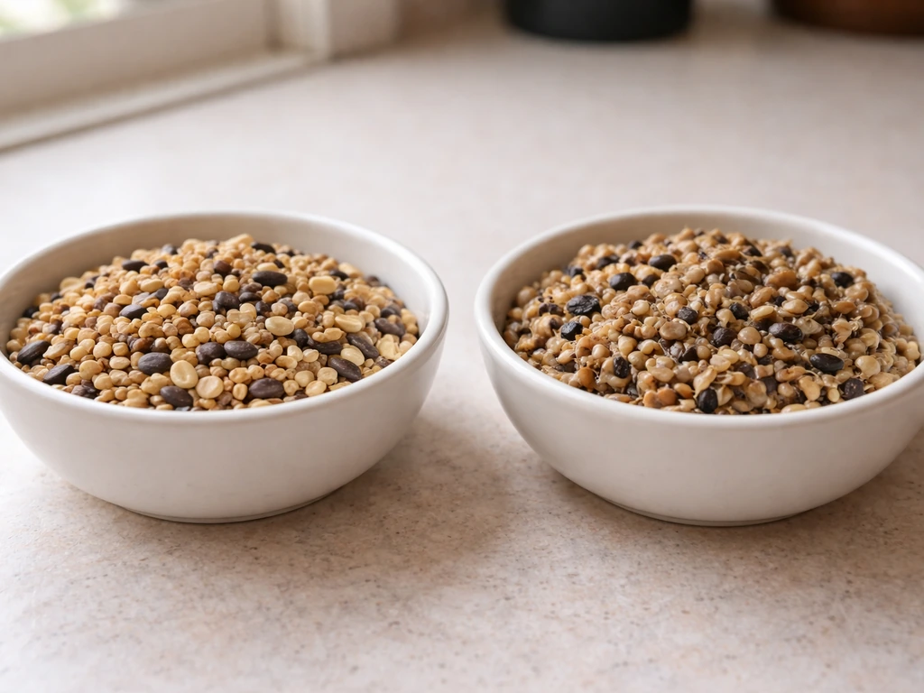 Close-up of dry clean seed beside wet clumped sprouted/discolored seed in separate bowls.