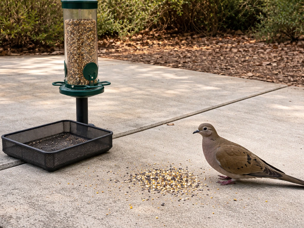 Ground-feeding dove at a seed tray on the ground beside an elevated tube feeder that’s hard to reach.
