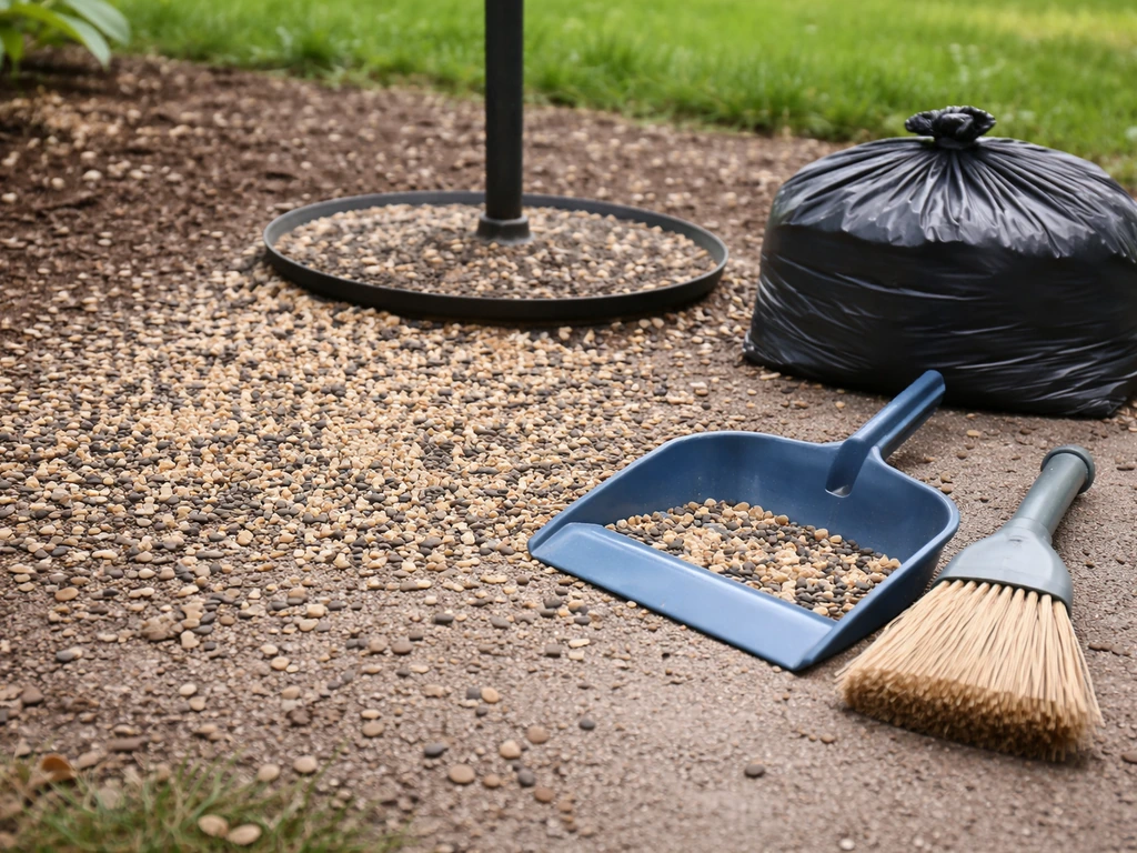 Spilled bird seed and hulls under a feeder with a broom, dustpan, and sealed trash container nearby.