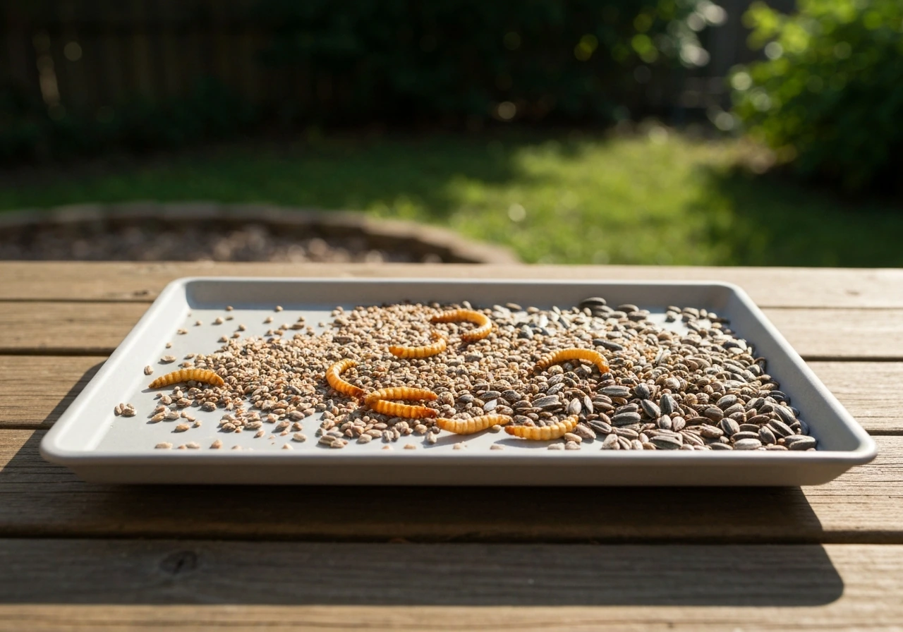 Shallow backyard tray feeder with bird seed and dried mealworms on a simple outdoor patio