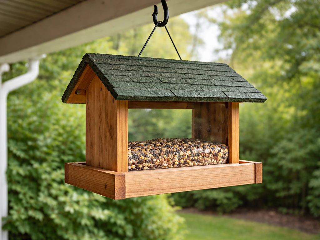 Close-up of a covered patio bird feeder showing dry seed in the tray area.
