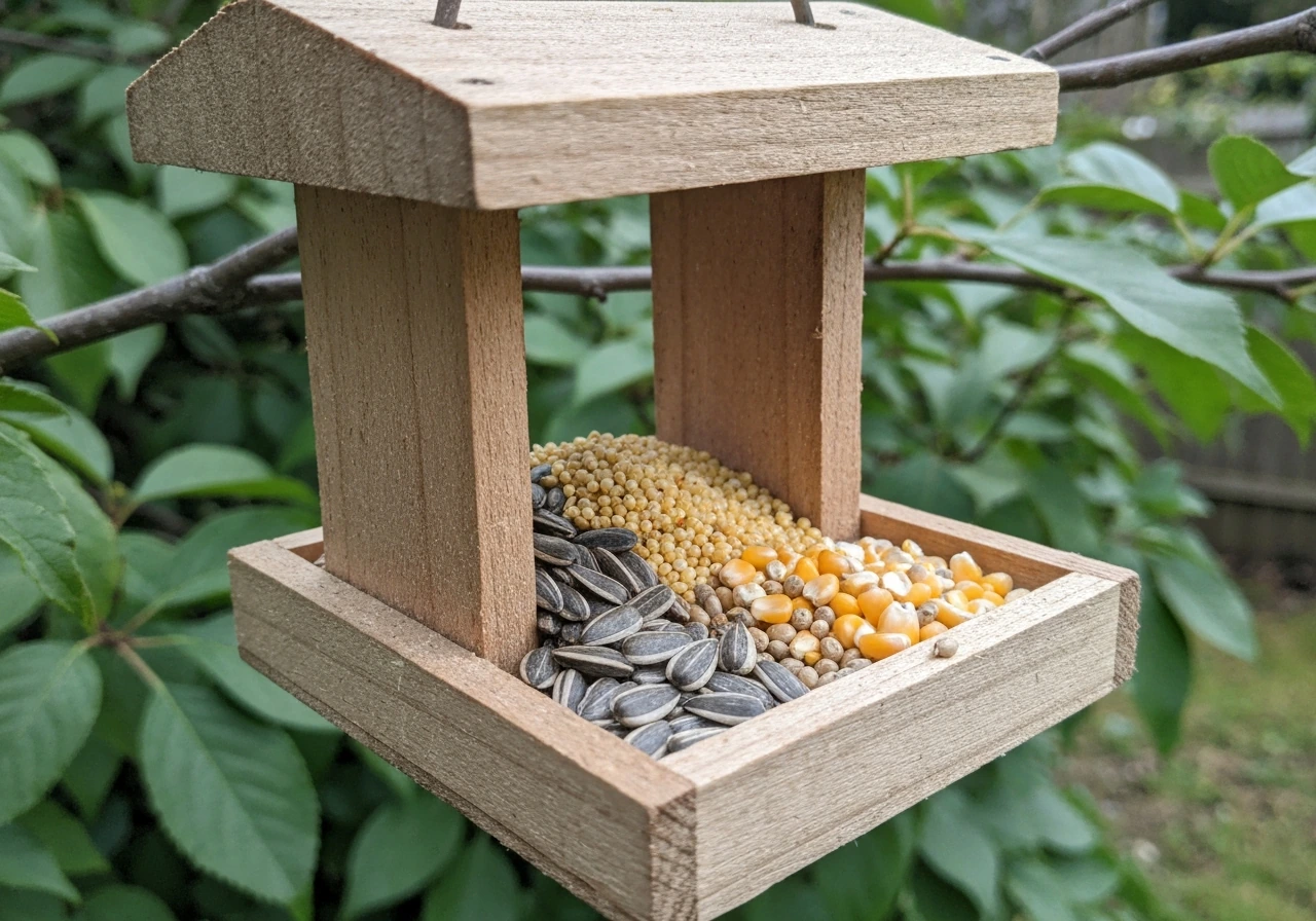 Backyard bird feeder with visible mixed seeds—sunflower, millet, and cracked corn—spilling below.