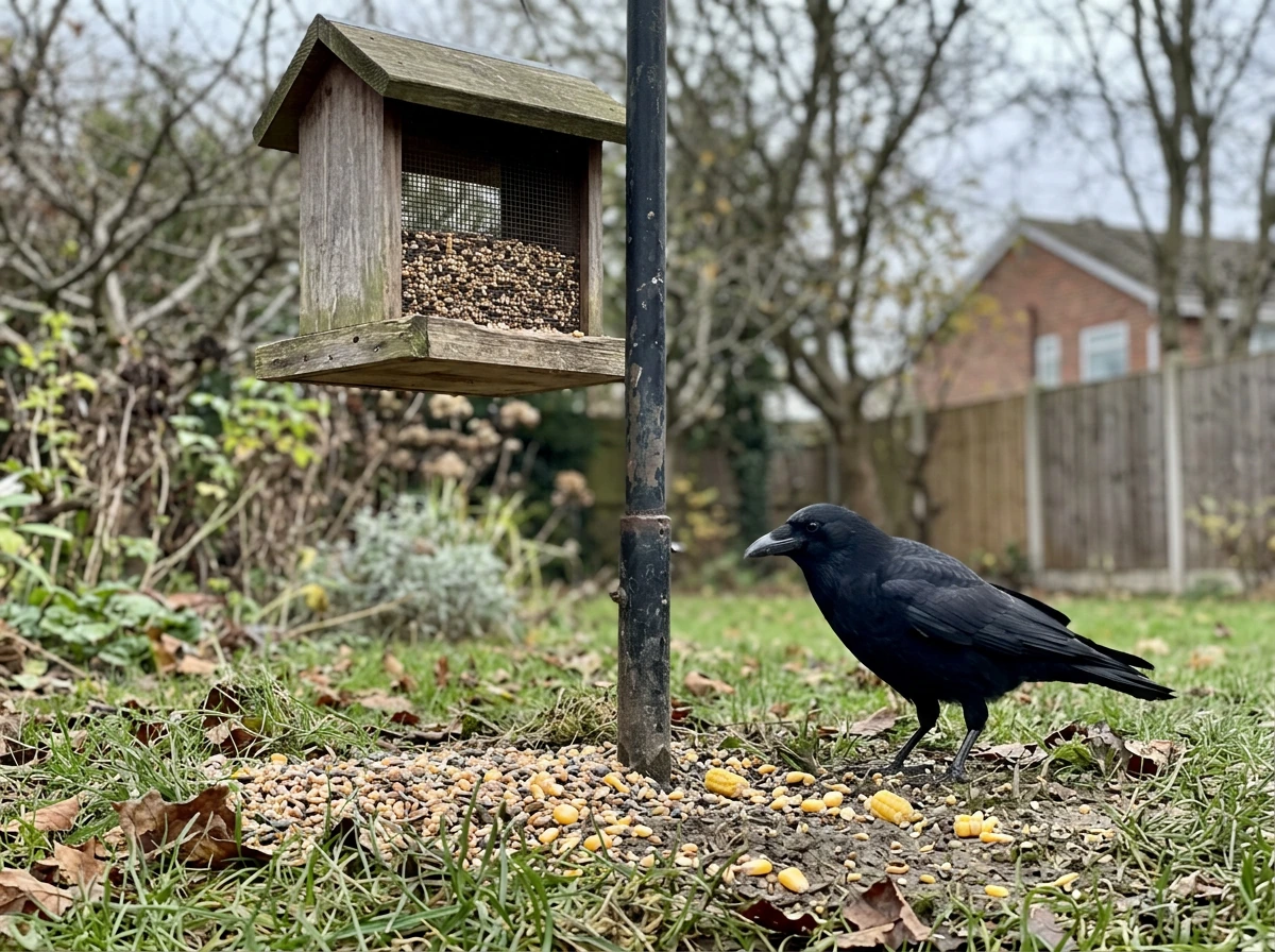 Backyard bird feeder with corn kernels and a crow nearby, illustrating why crows eat seed and what to do.