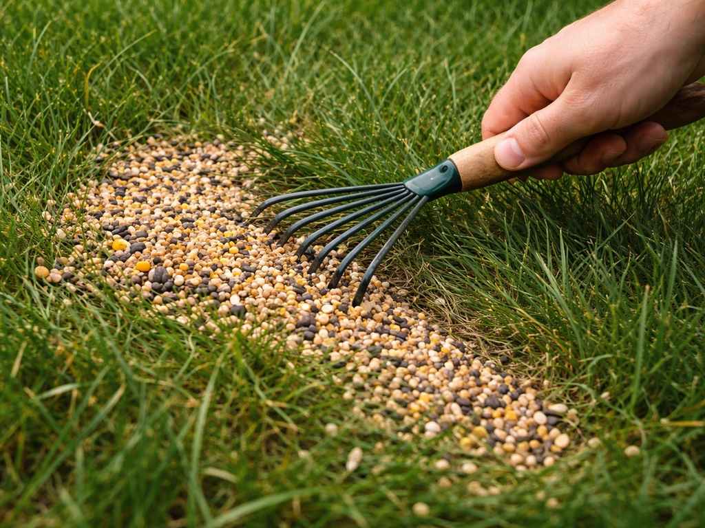 Hand gently raking spilled bird seed out of grass, leaving the lawn cleaner and seed-free.
