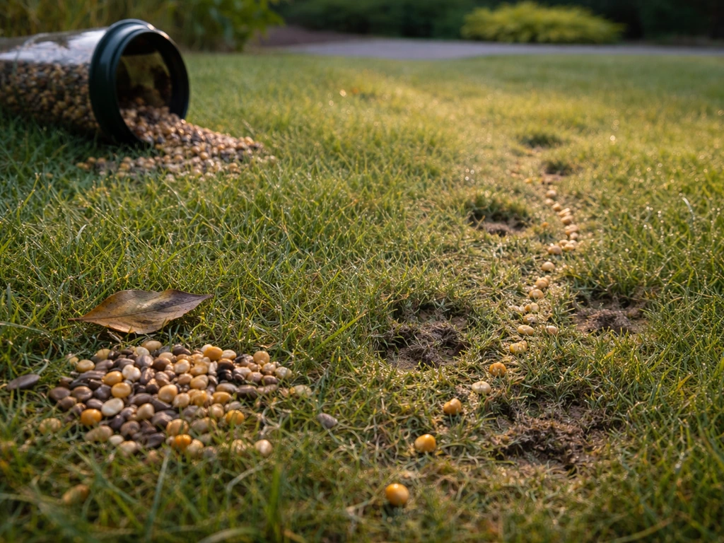 Close-up of a lawn with scattered bird seed and three subtle clues: a tipped feeder, dropped kernels, and paw tracks.