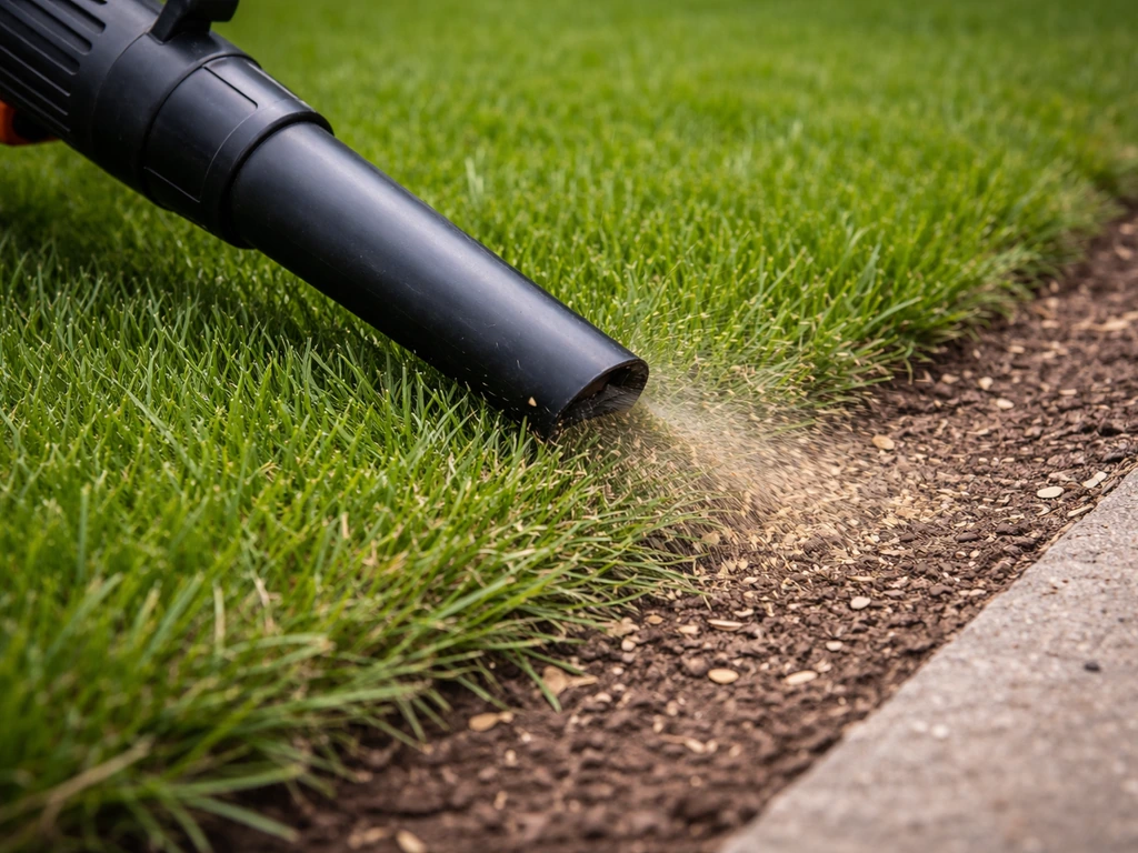 Low angled leaf blower pushing loosened grass seed toward a lawn edge on green turf