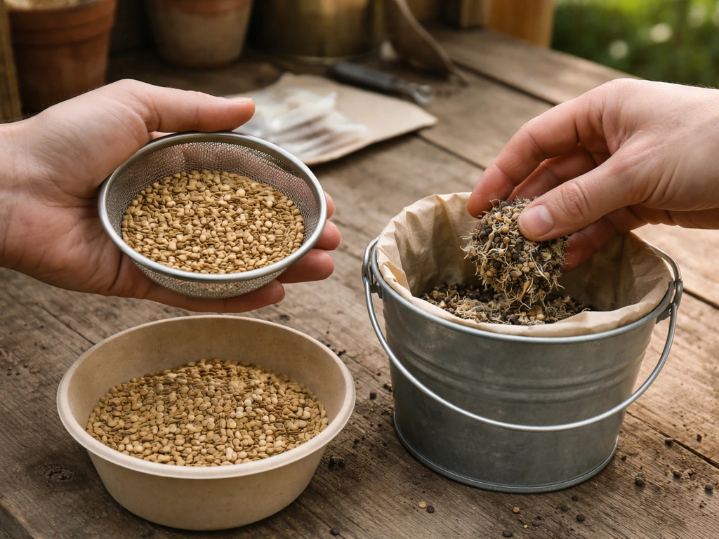 Hands sorting dry seeds into a sieve and sprouted clumps into a compost bucket on a wooden table.