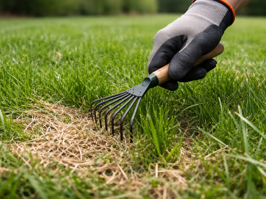 Gloved hand leaf-raking a small patch of lawn, lifting matted grass after seed removal.