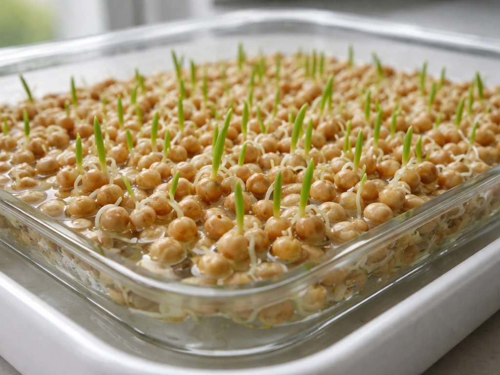 Close-up of germinating millet with root tails in a shallow tray and clean water drip catcher.