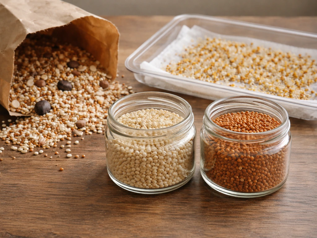 Two millet jars beside a mixed bird seed bag and a simple sprouting tray on a farm table.
