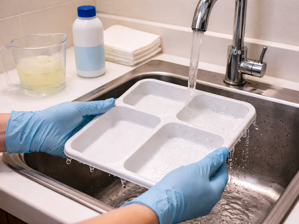 Gloved hands rinsing and air-drying a plastic tray after a dilute bleach soak