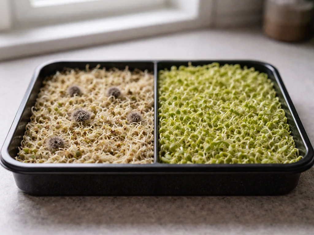 Sprouting tray with one batch showing early mold spots beside a clean, healthy batch in a kitchen