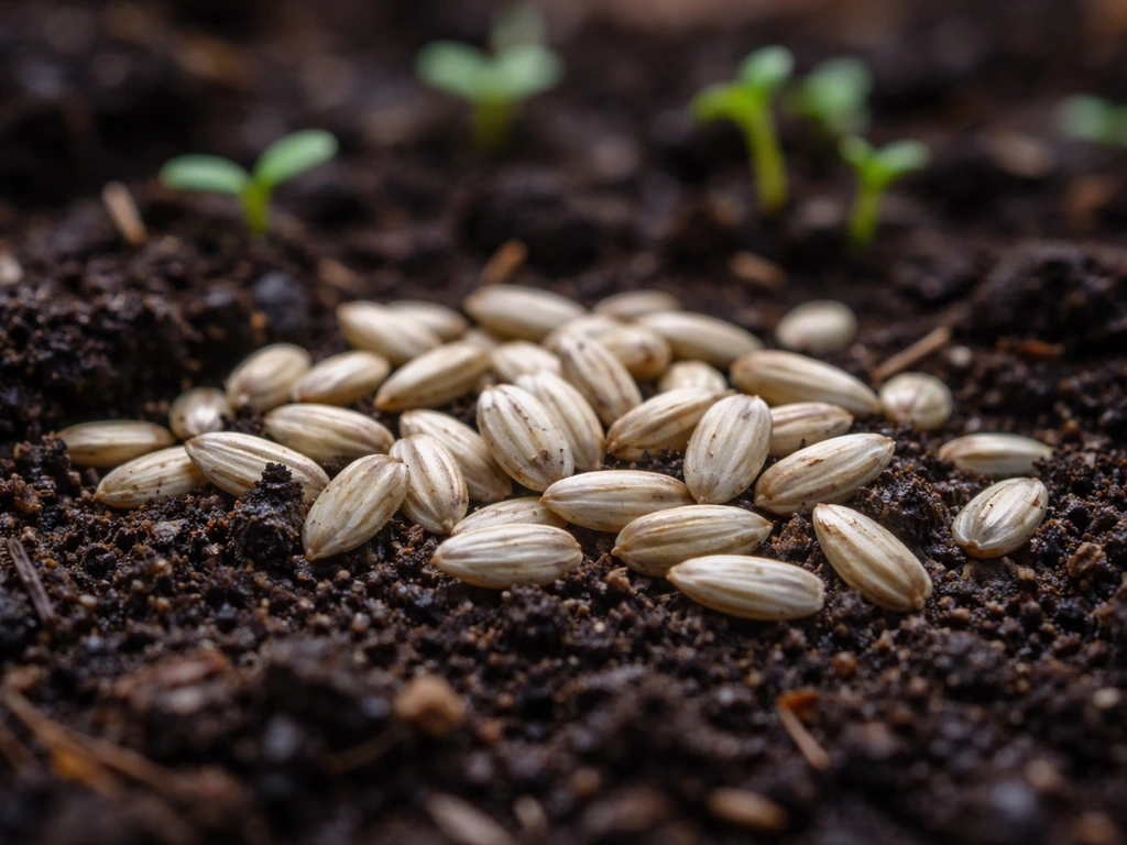 Close-up safflower bird seed grains on soil with a few tiny sprouts emerging in the background.