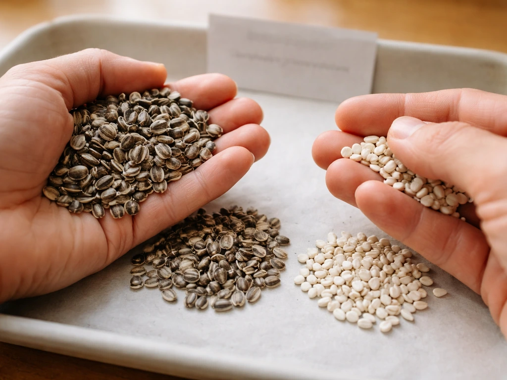 Close-up of hands sorting safflower bird seed on a tray, showing whole and hulled seeds