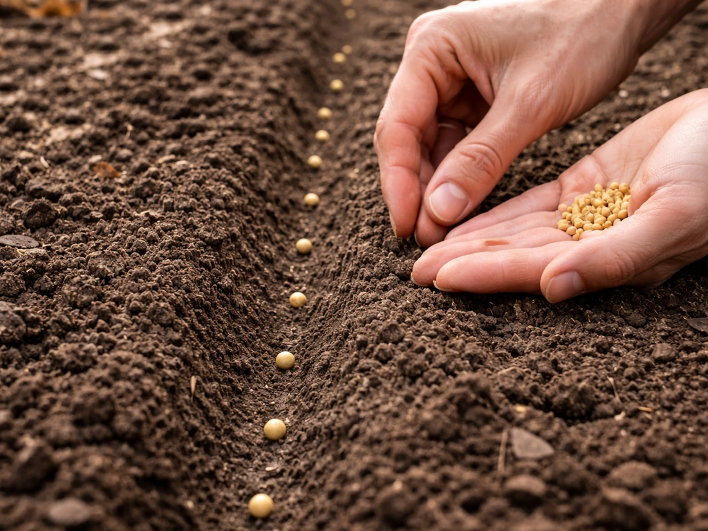 Close-up of seeds spaced in a shallow furrow at correct sowing depth in garden soil.