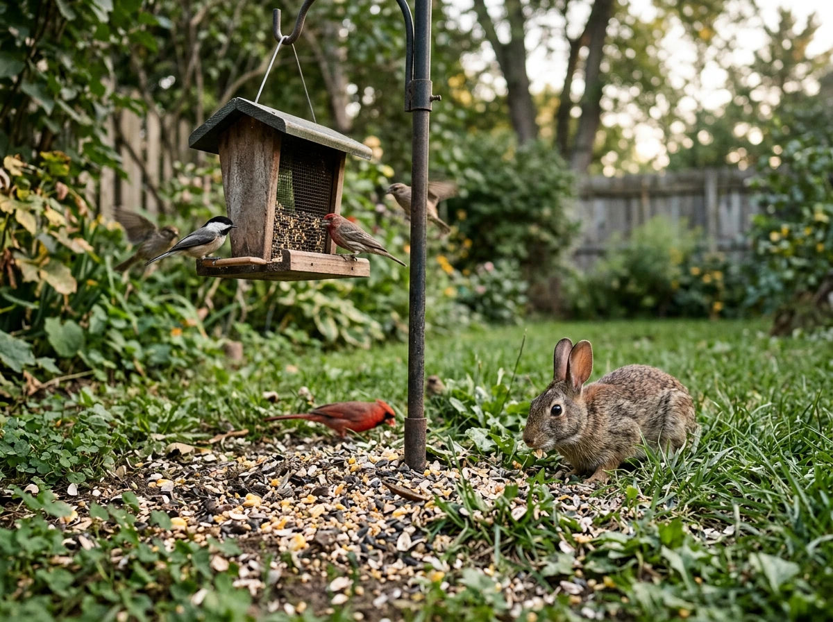 Bird feeder with spilled seed on the ground and a nearby rabbit approaching