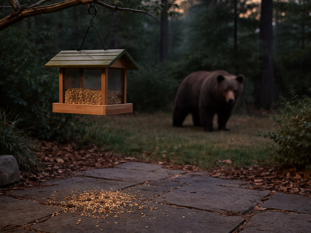 Backyard bird feeder with spilled seed on the ground and a bear nearby sniffing.