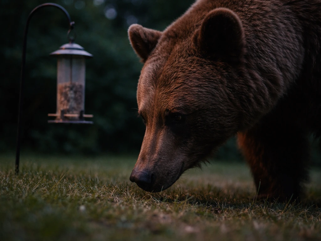 Brown bear sniffing near a hanging bird feeder at dusk, close-up nose and feeder in soft background.