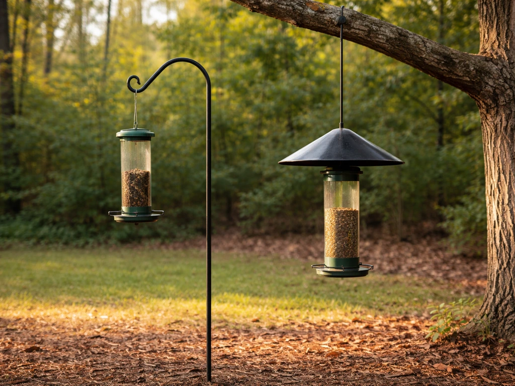 Close photo of a hanging bird feeder with poor simple hook setup beside a more secure baffled feeder.