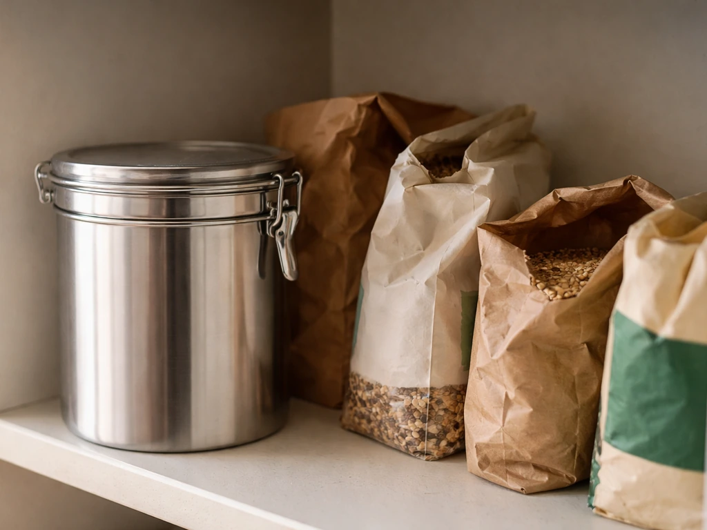 Metal seed container with tight lid next to open paper/cardboard bird seed bags to show odor control.