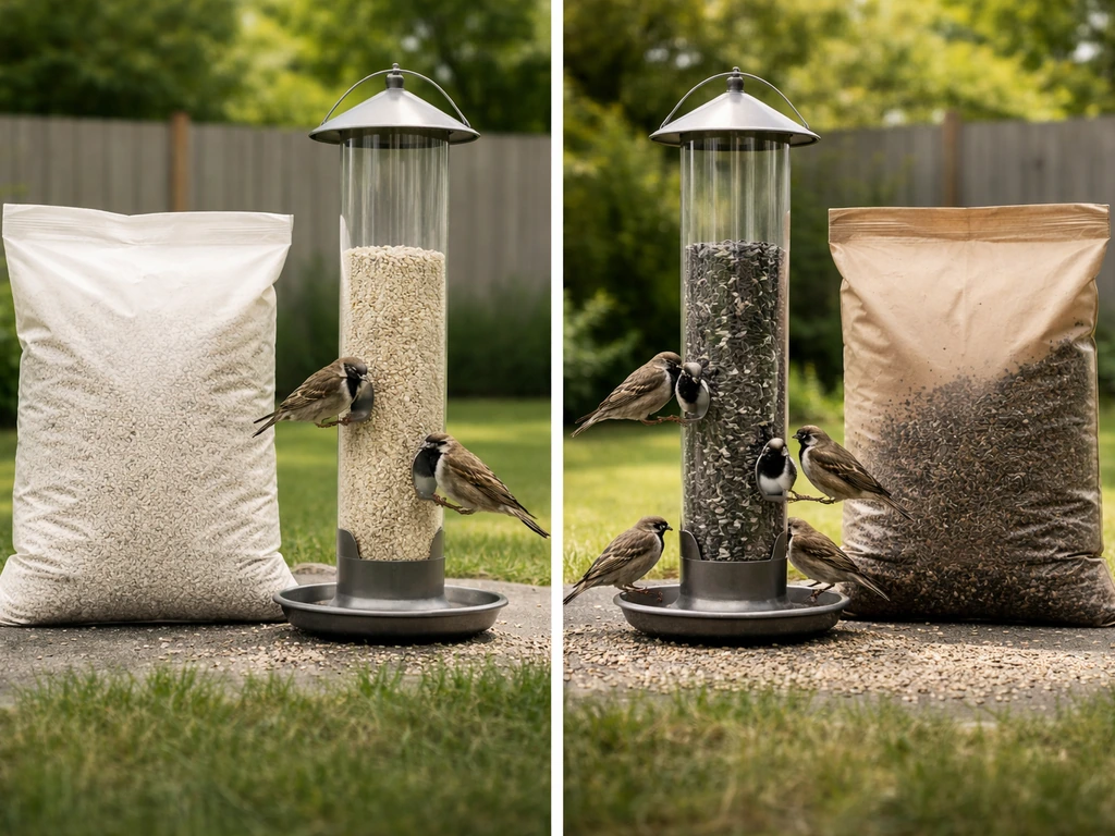 Two-panel photo comparing seed bags: more silhouetted birds at the sunflower side feeder.