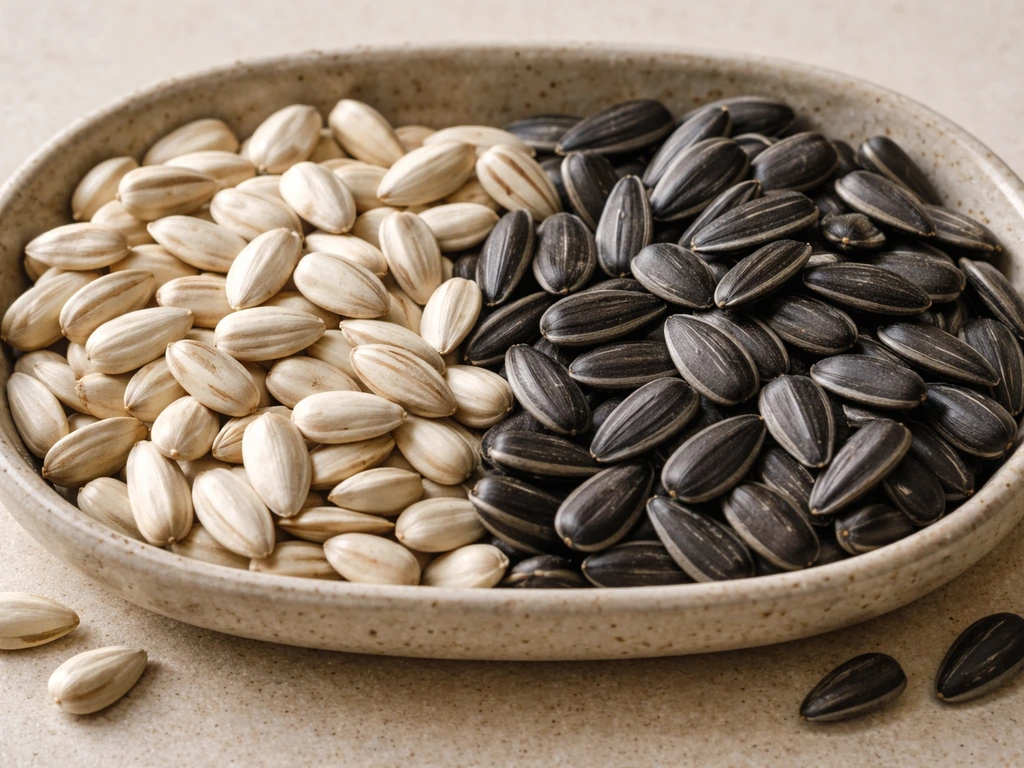 Side-by-side safflower seeds and black-oil sunflower seeds in a shallow dish, highlighting color and shell texture.