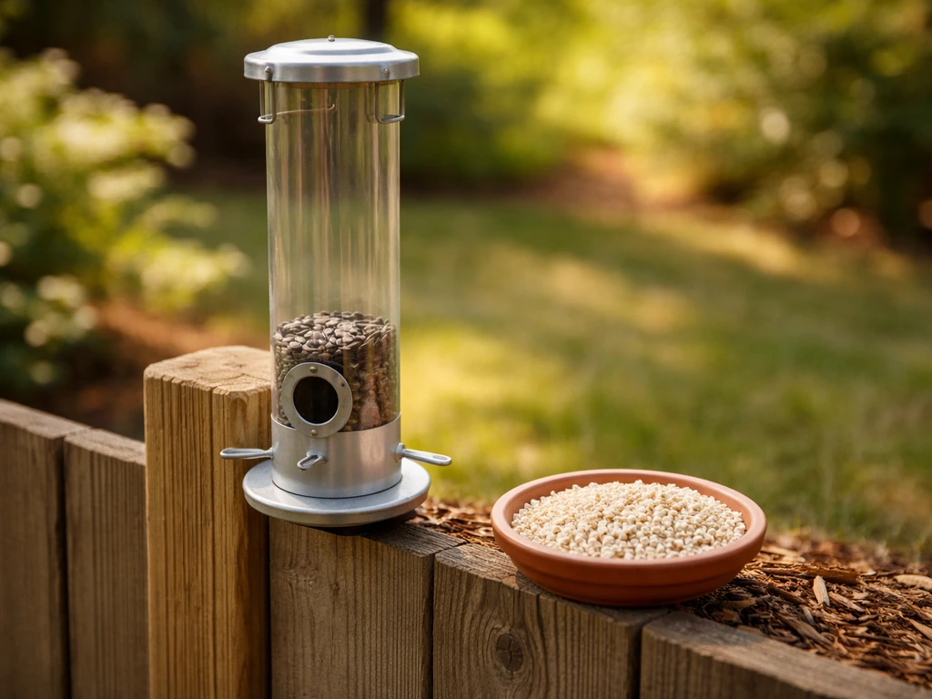 Backyard tube feeder with black-oil sunflower and a small dish of safflower seeds nearby