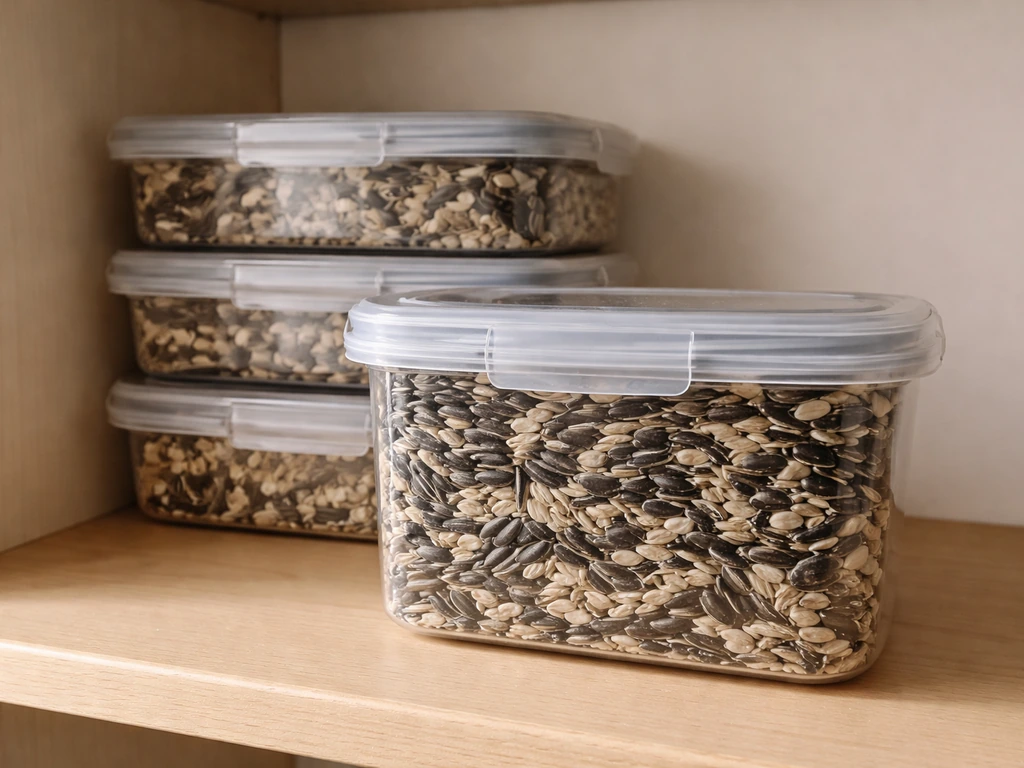 Close-up of dry bird seed in sealed hard-sided airtight containers with visible use-by dates.