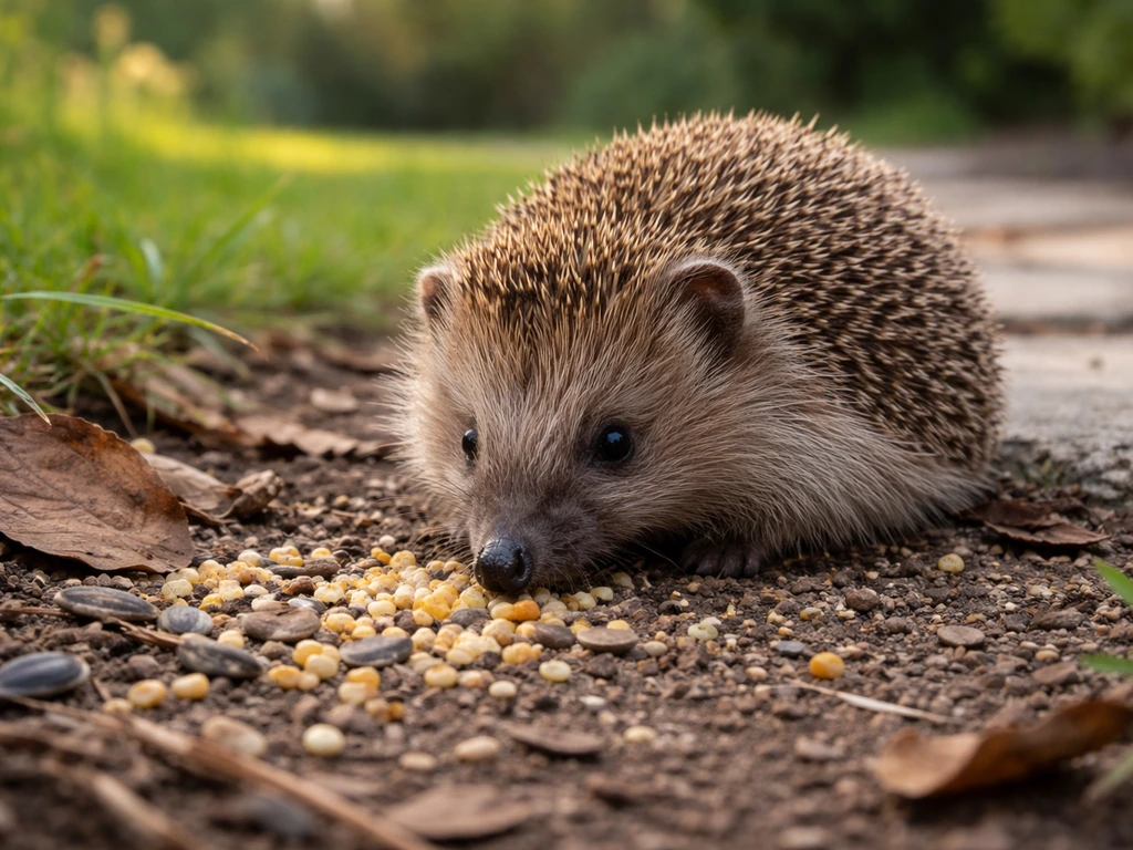 A hedgehog forages near scattered bird seed in a quiet backyard garden.