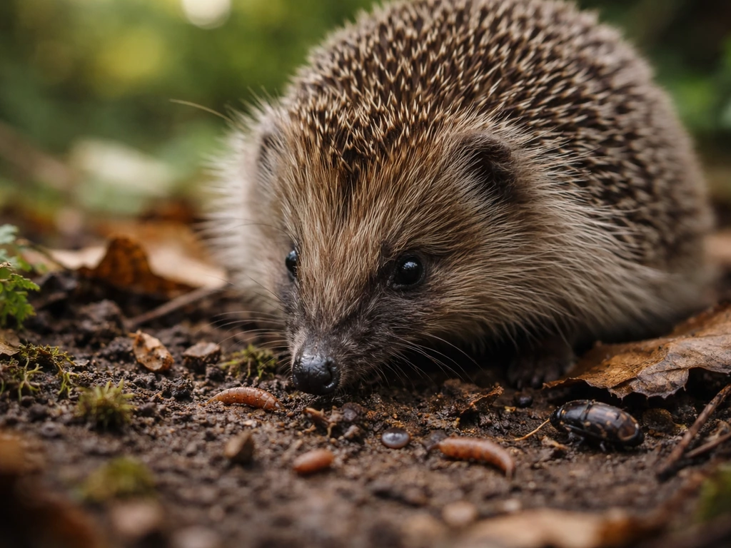 A hedgehog foraging on damp soil and leaf litter with earthworms and insects nearby.