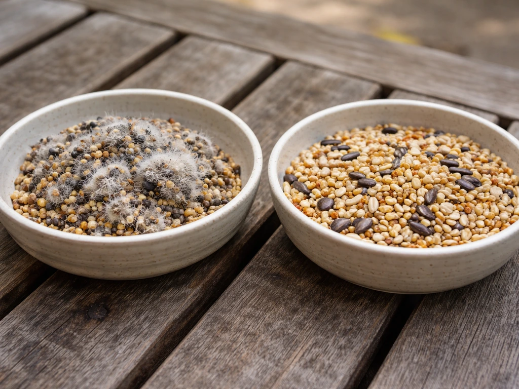 Damp, clumped bird seed with visible fuzzy mold beside dry seed in a simple outdoor scene.