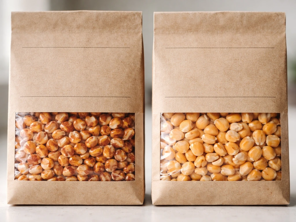 Close-up of treated seed kernels with dark specks beside a clean untreated seed bag, no readable text.