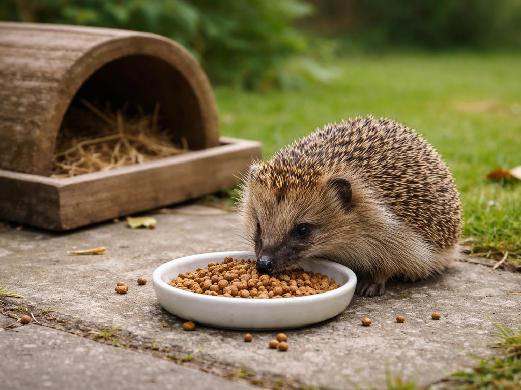 A hedgehog eating from a small dish of safe food at a dedicated garden feeding station.