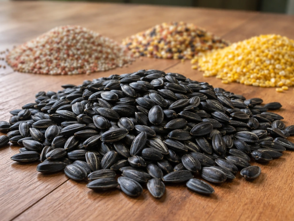 Black-oil sunflower seeds with a few complementary bird seed types in small piles on a wooden table.