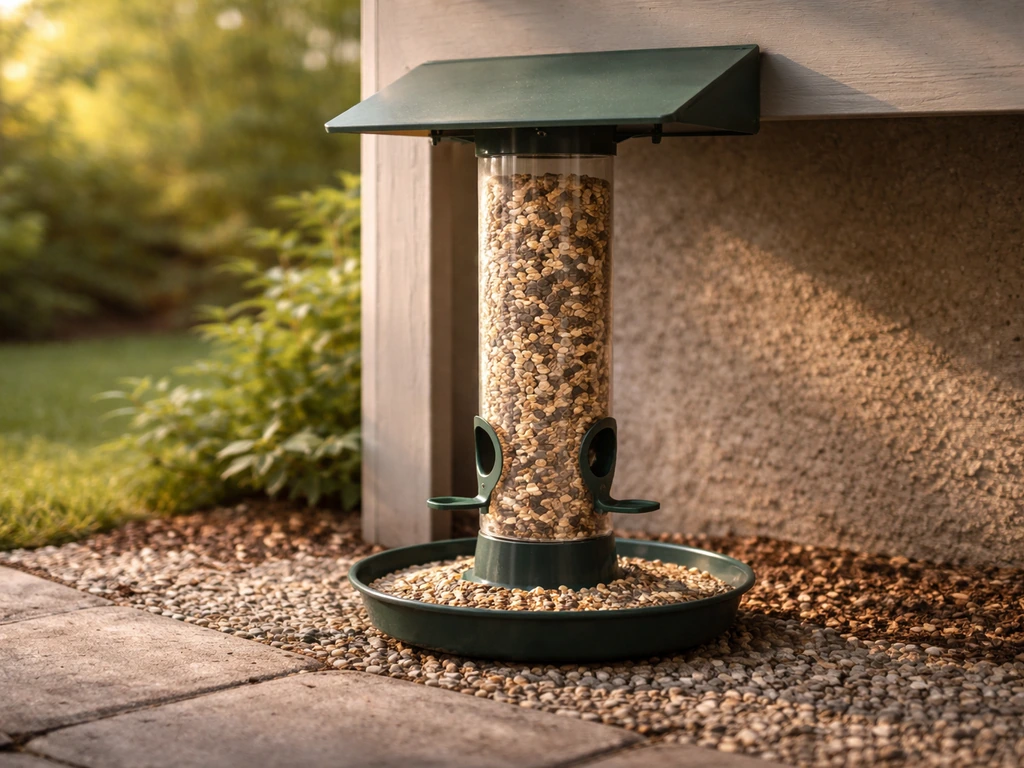 Rain-sheltered tube bird feeder with visible tray/baffle and dry seed on a patio base