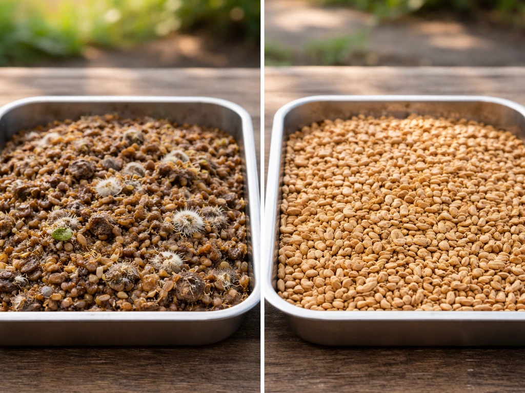 Split photo of damp clumping sprouted seed and visibly moldy seed beside clean dry seed in a simple tray.