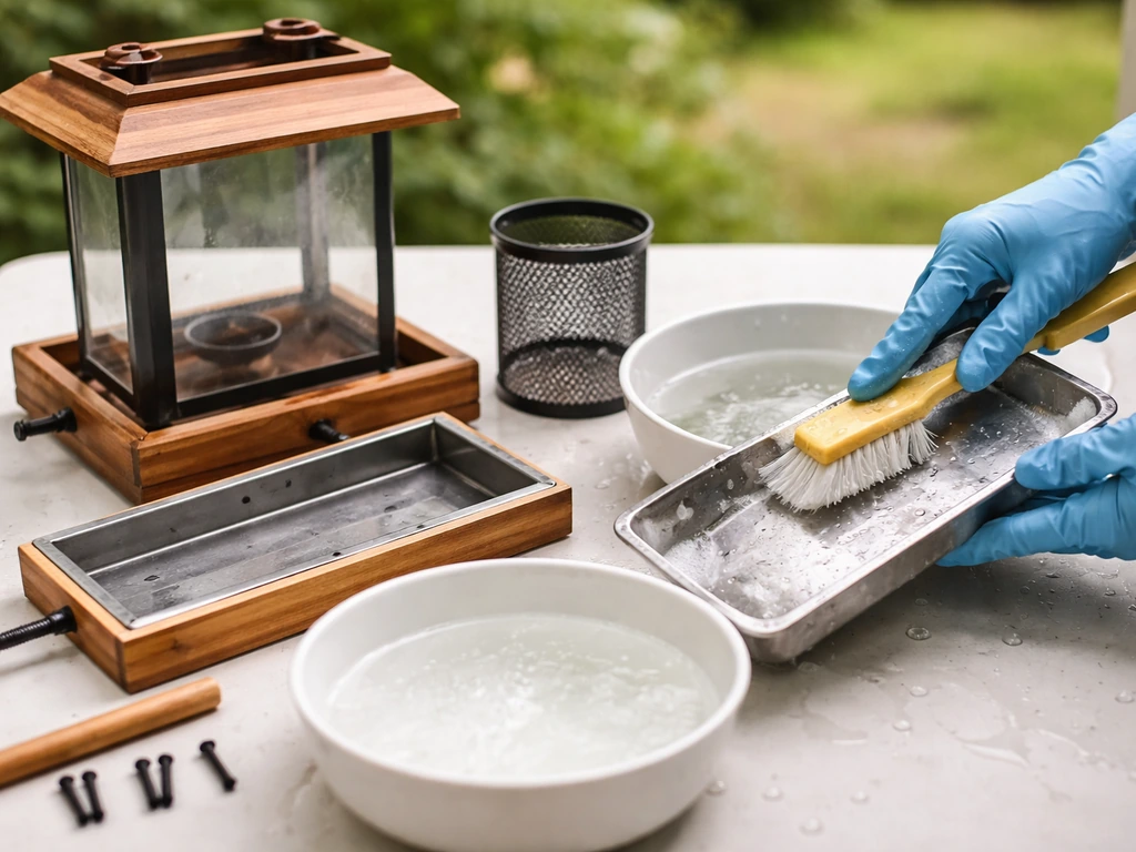 Close-up of backyard bird feeder parts soaking and rinsed in a simple bowl of cleaning solution