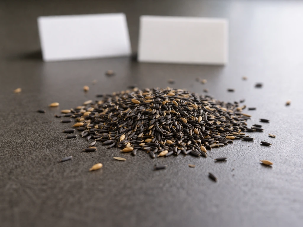 Close-up of tiny nyjer/thistle seeds and other small seeds scattered on a dark surface, showing pigeon-avoided feed.