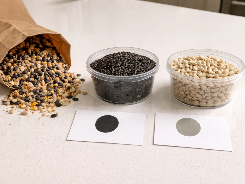 Opened bag of mixed birdseed beside single-seed containers for targeted feeding, minimal indoor tabletop scene.