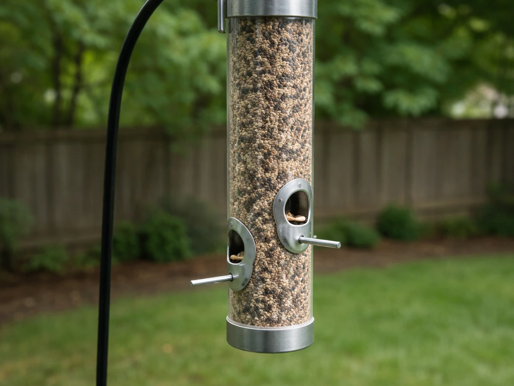 Side view of a tube bird feeder with a short limited perch, designed to block pigeon footholds.