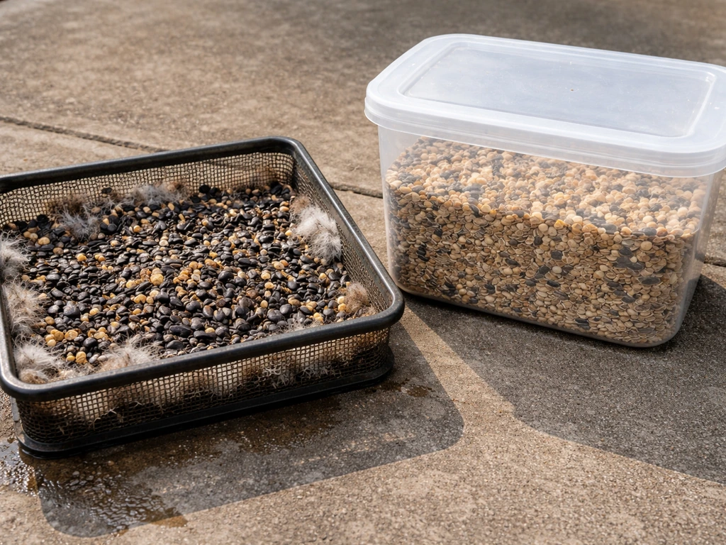 Close-up of a bird feeder tray with wet dark moldy seed beside a sealed container of dry seed.