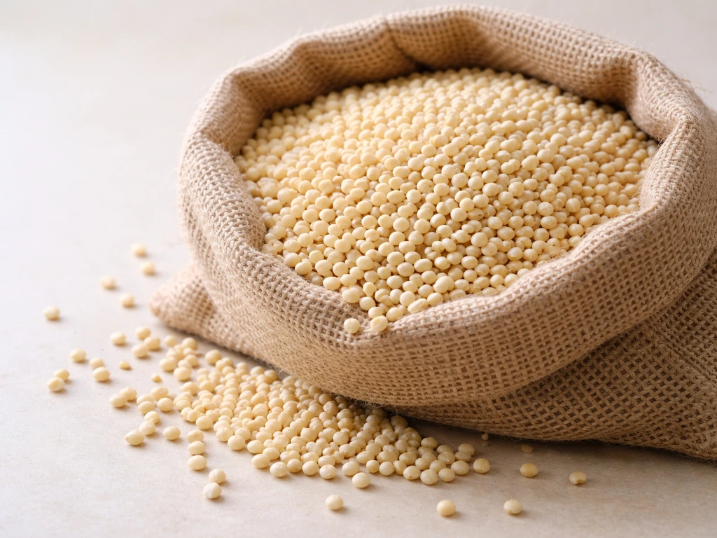 Close-up of pale cream white proso millet bird seed in a sack with a few kernels scattered