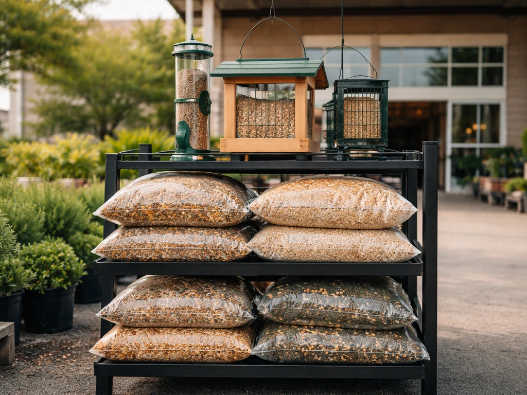 Outdoor display near store entrance with bags of bird seed and multiple bird feeder styles